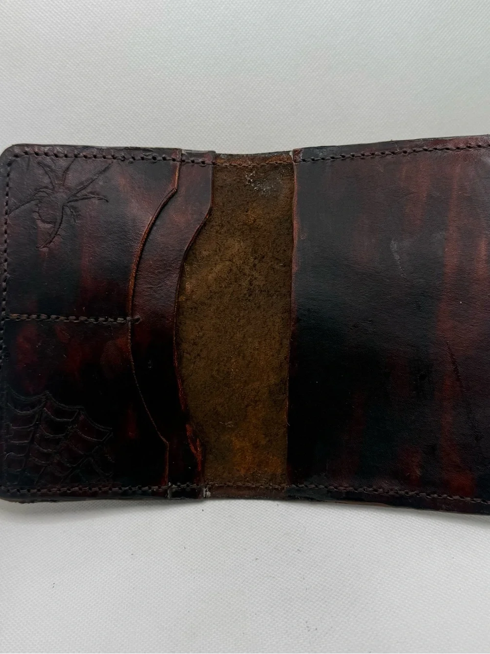 Handmade Hand-Tooled Leather Passport Wallet – Skull & Spiderweb Gothic Design